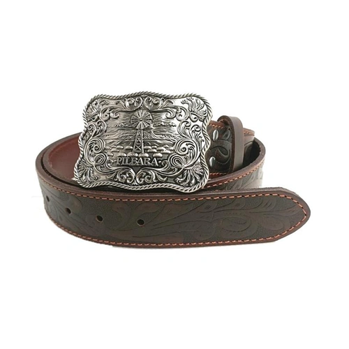 WORKWEAR, SAFETY & CORPORATE CLOTHING SPECIALISTS  - Pilbara Western Rodeo Buckle Tooled Leather Belt
